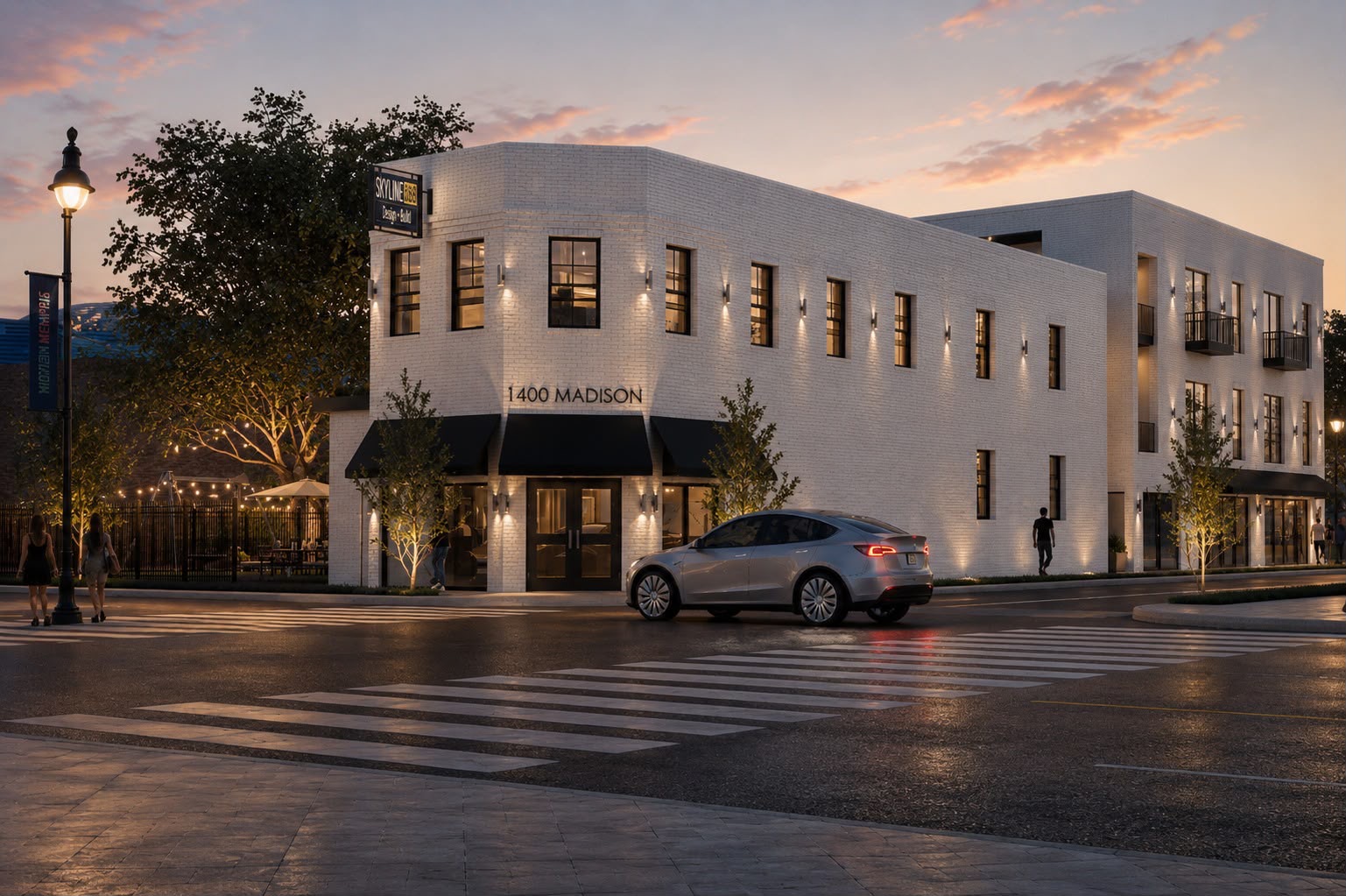 Rendering of the Phase One building at 1400 Madison Avenue, a white-brick corner structure with black awnings, ground-floor retail and street trees at dusk